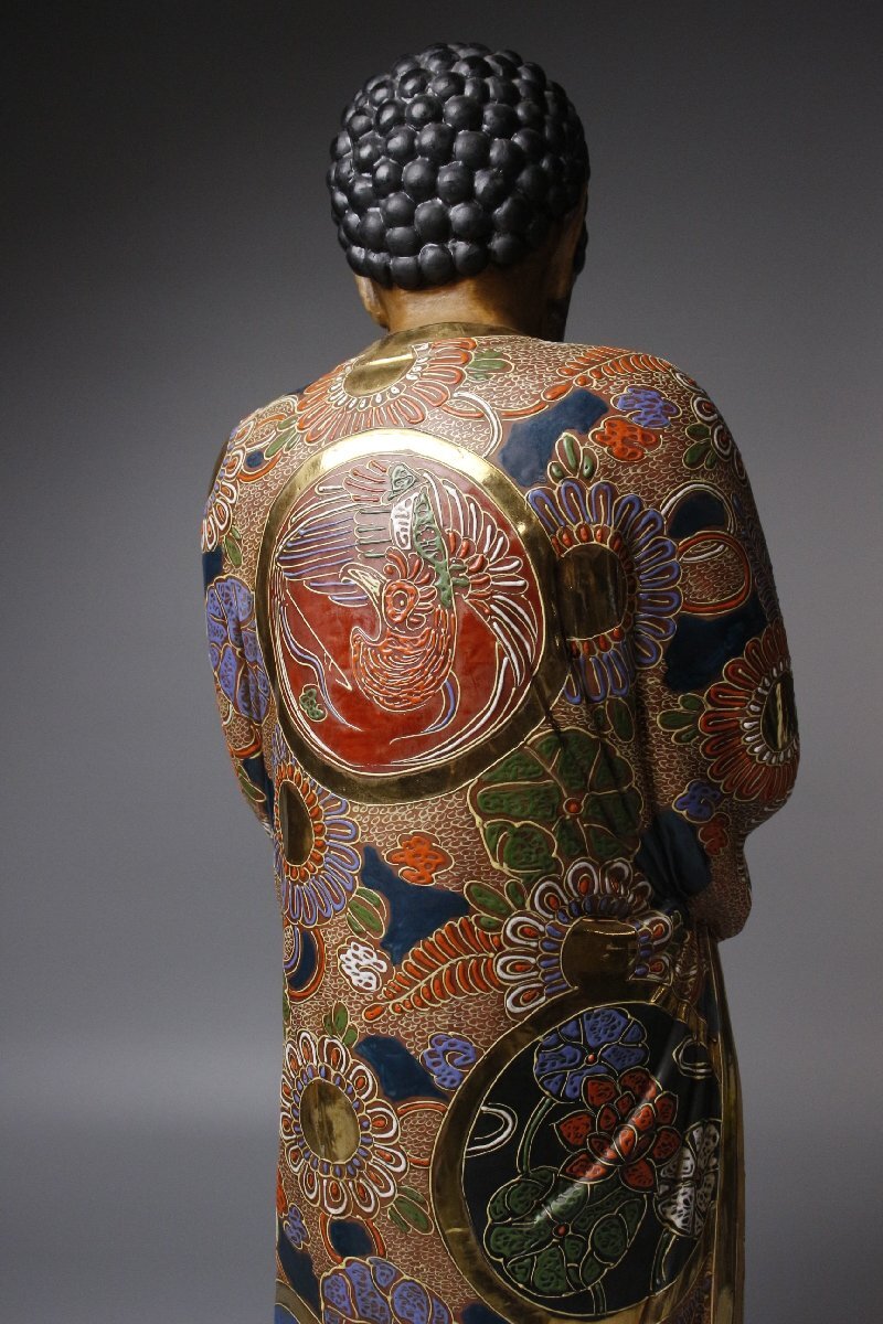 Kutani Ware Polychrome & Gilt Rakan Statue (Luohan) — Monumental 62 cm — Japanese Buddhist Sculpture