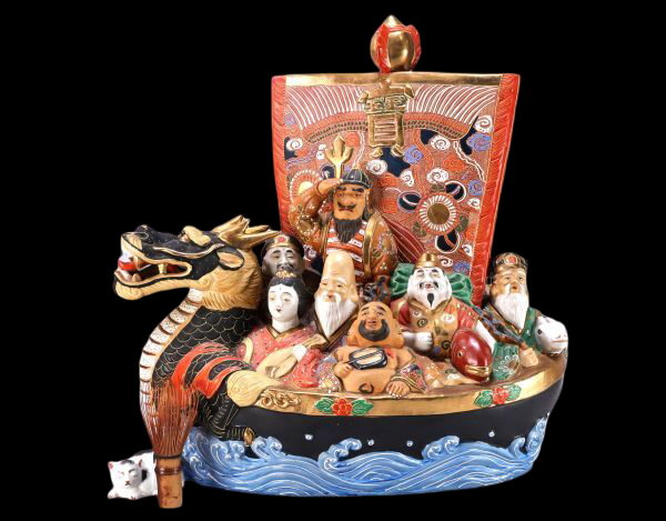 Kutani Ware Polychrome “Treasure Ship” with Seven Lucky Gods (Shichifukujin) — Display-Scale Prosperity Sculpture — H46 cm