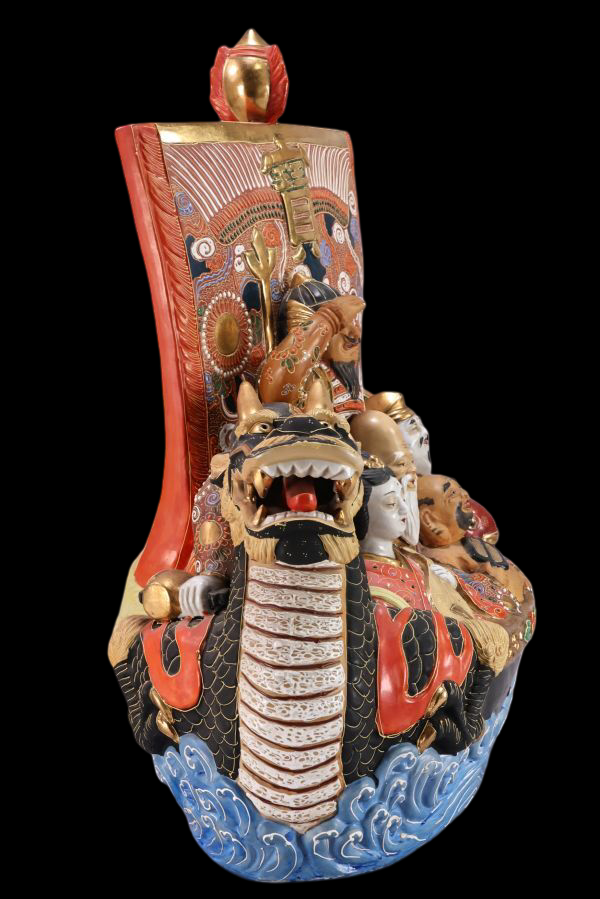 Kutani Ware Polychrome “Treasure Ship” with Seven Lucky Gods (Shichifukujin) — Display-Scale Prosperity Sculpture — H46 cm