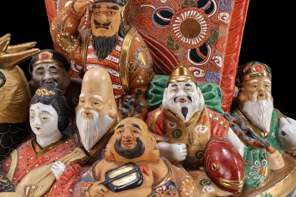Kutani Ware Polychrome “Treasure Ship” with Seven Lucky Gods (Shichifukujin) — Display-Scale Prosperity Sculpture — H46 cm