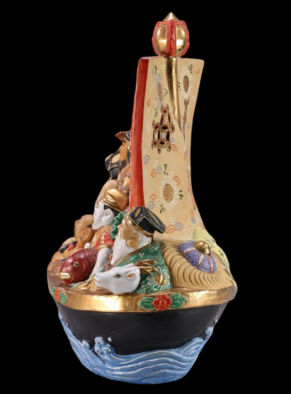 Kutani Ware Polychrome “Treasure Ship” with Seven Lucky Gods (Shichifukujin) — Display-Scale Prosperity Sculpture — H46 cm