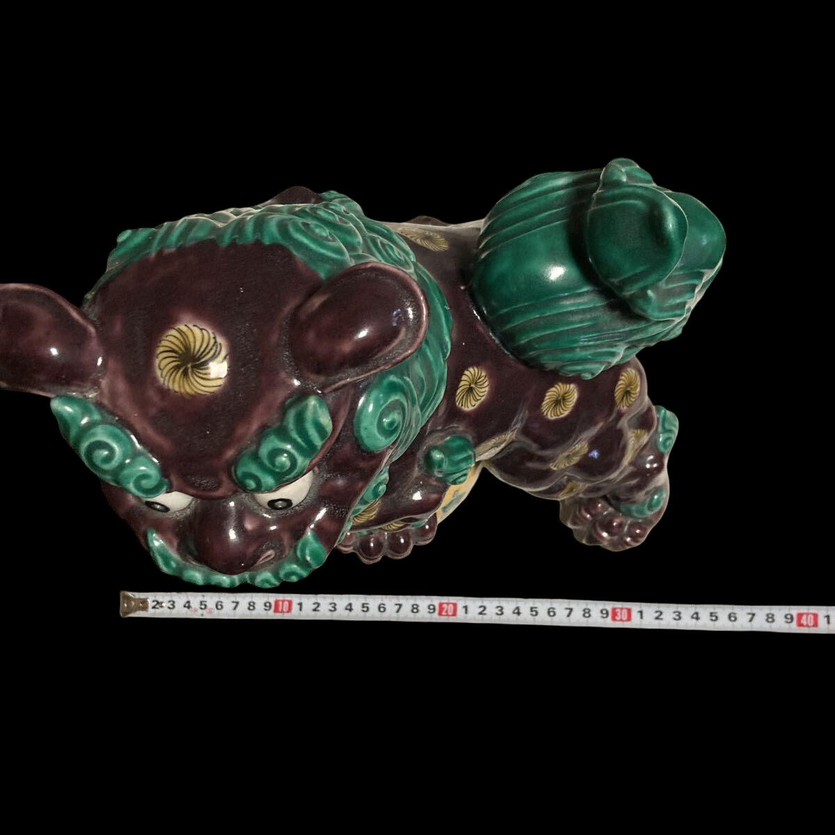 Kutani Ware Shishi Foo Lion Dog on Jewel Ball | Polychrome Guardian Beast | Meiji–Taishō Era Folk Ceramic | approx. 35cm
