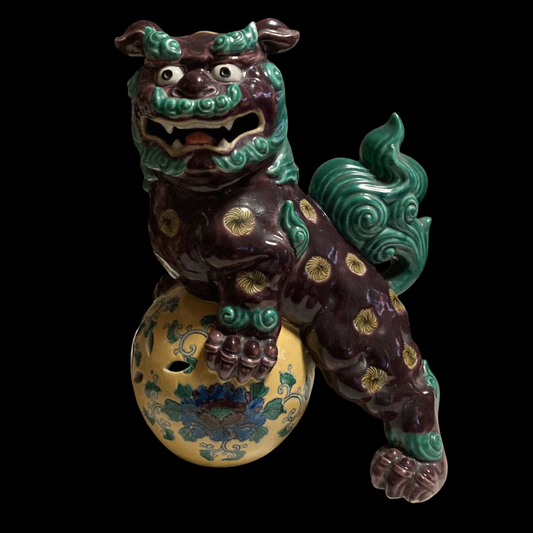 Kutani Ware Shishi Foo Lion Dog on Jewel Ball | Polychrome Guardian Beast | Meiji–Taishō Era Folk Ceramic | approx. 35cm