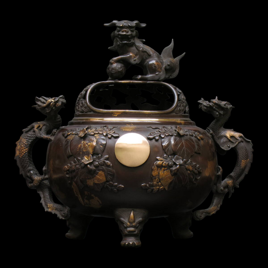 Kyoto Cast Bronze Shishi Incense Burner — 8 Sun Temple Kōro — Jōdo Shinshū — Gilt Details — Exhibition Piece