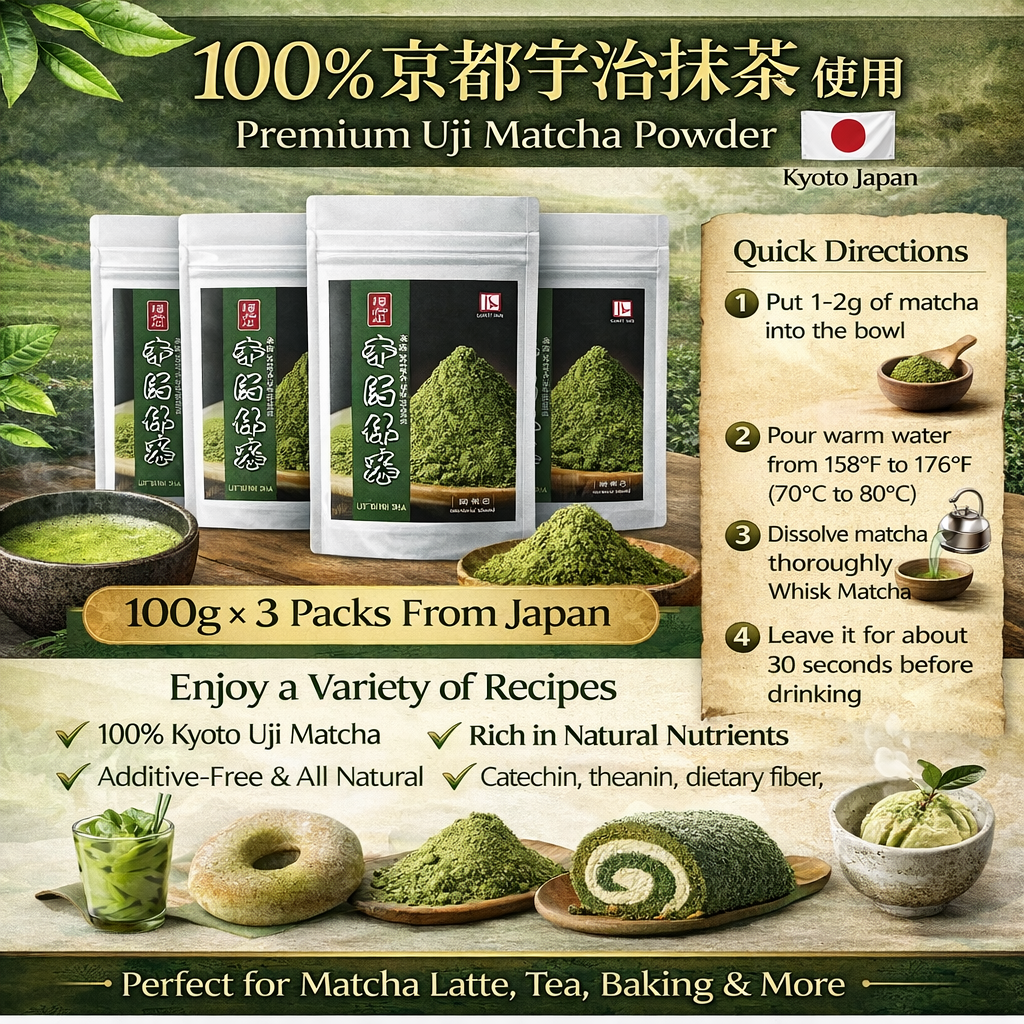 Authentic Kyoto Uji Matcha Powder Set (3-Pack 300g Total) — 100% Pure Japanese Green Tea, Additive-Free Daily Use