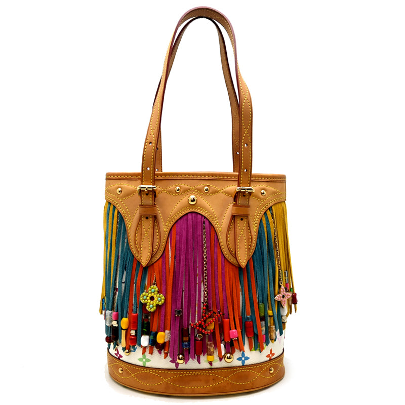 Louis Vuitton Bucket Fringe M40109, Blanc Monogram Multicolore with Suede, Beads & Rhinestones, 2006