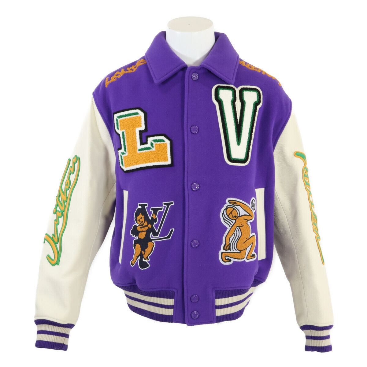 LOUIS VUITTON Multi Patch Mixed Leather Varsity Jacket Purple White Size 50