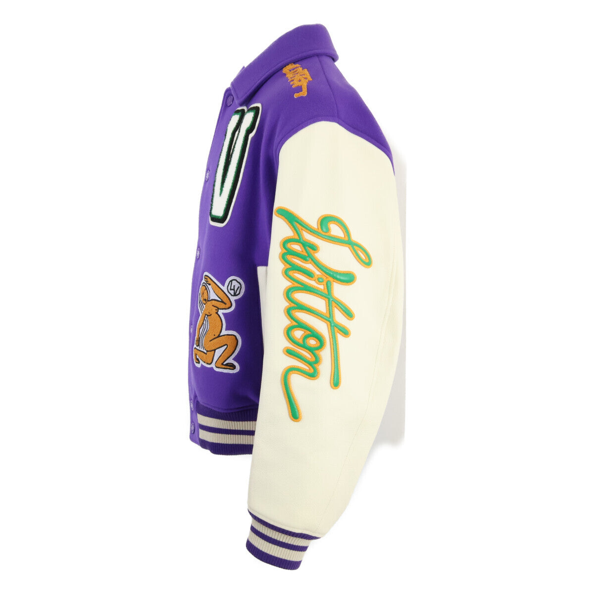 LOUIS VUITTON Multi Patch Mixed Leather Varsity Jacket Purple White Size 50