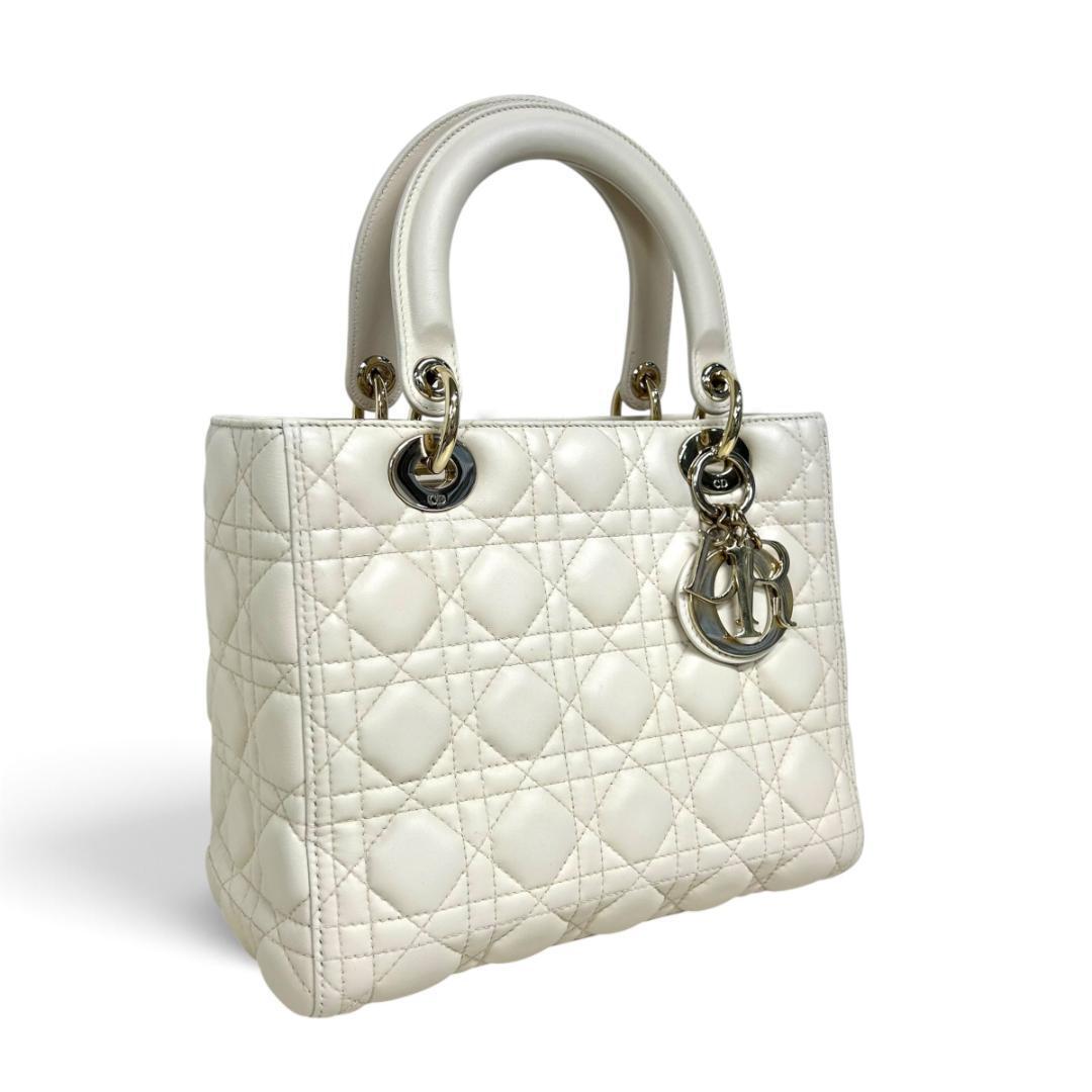Lady Dior Medium White Cannage Lambskin Handbag Silver Hardware 02-MA-0167