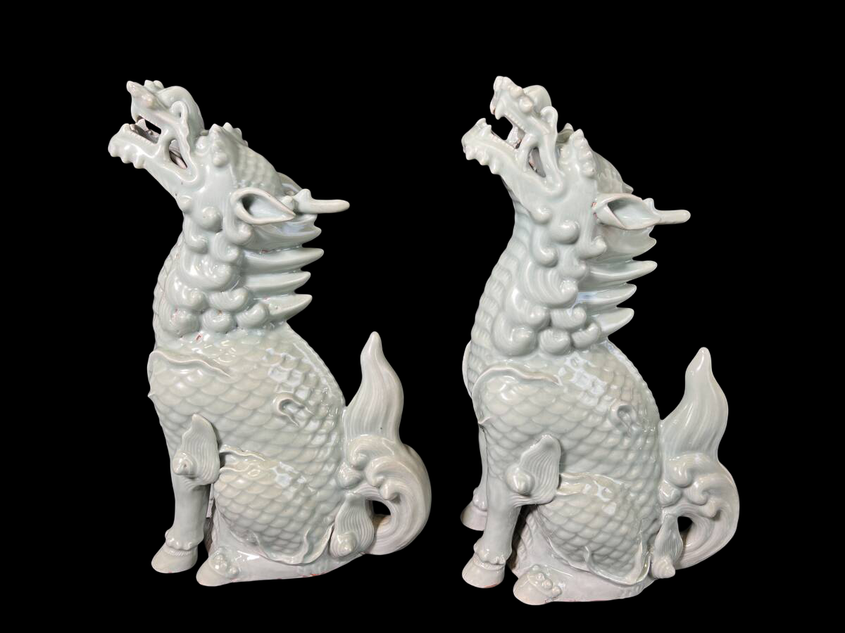 Large Celadon Qilin Guardian Pair — Edo Period Japanese Porcelain — Mythical Beast Sculptures (48 cm)
