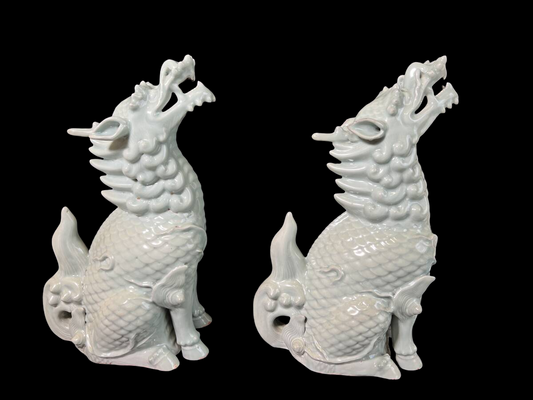 Large Celadon Qilin Guardian Pair — Edo Period Japanese Porcelain — Mythical Beast Sculptures (48 cm)
