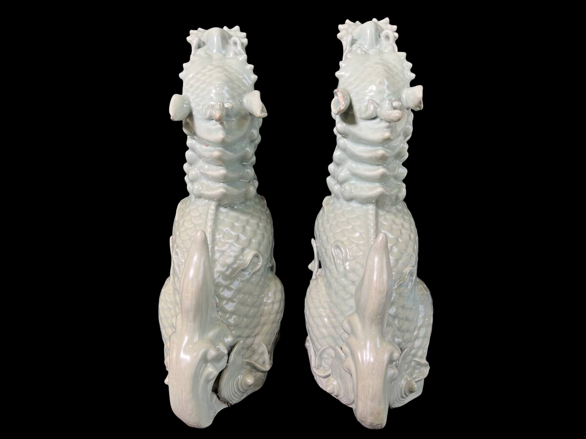 Large Celadon Qilin Guardian Pair — Edo Period Japanese Porcelain — Mythical Beast Sculptures (48 cm)