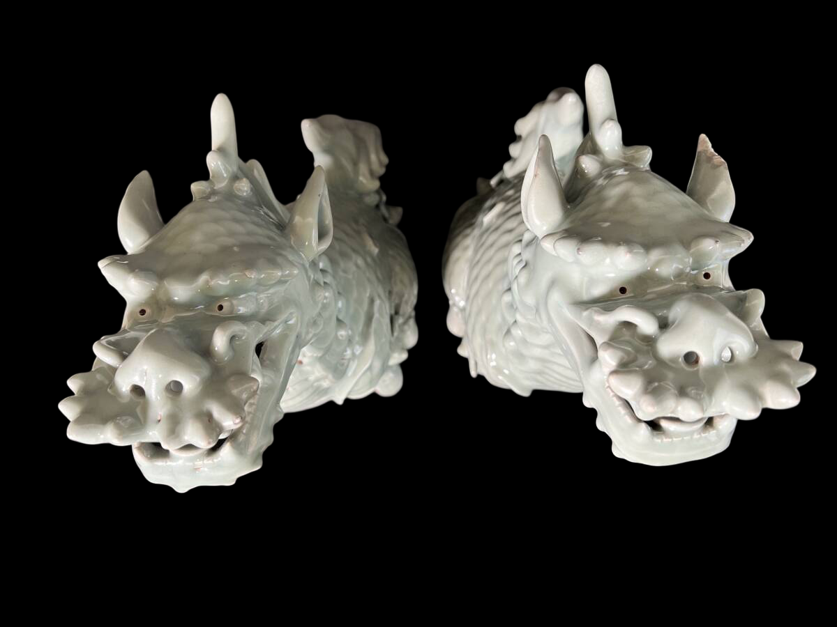 Large Celadon Qilin Guardian Pair — Edo Period Japanese Porcelain — Mythical Beast Sculptures (48 cm)