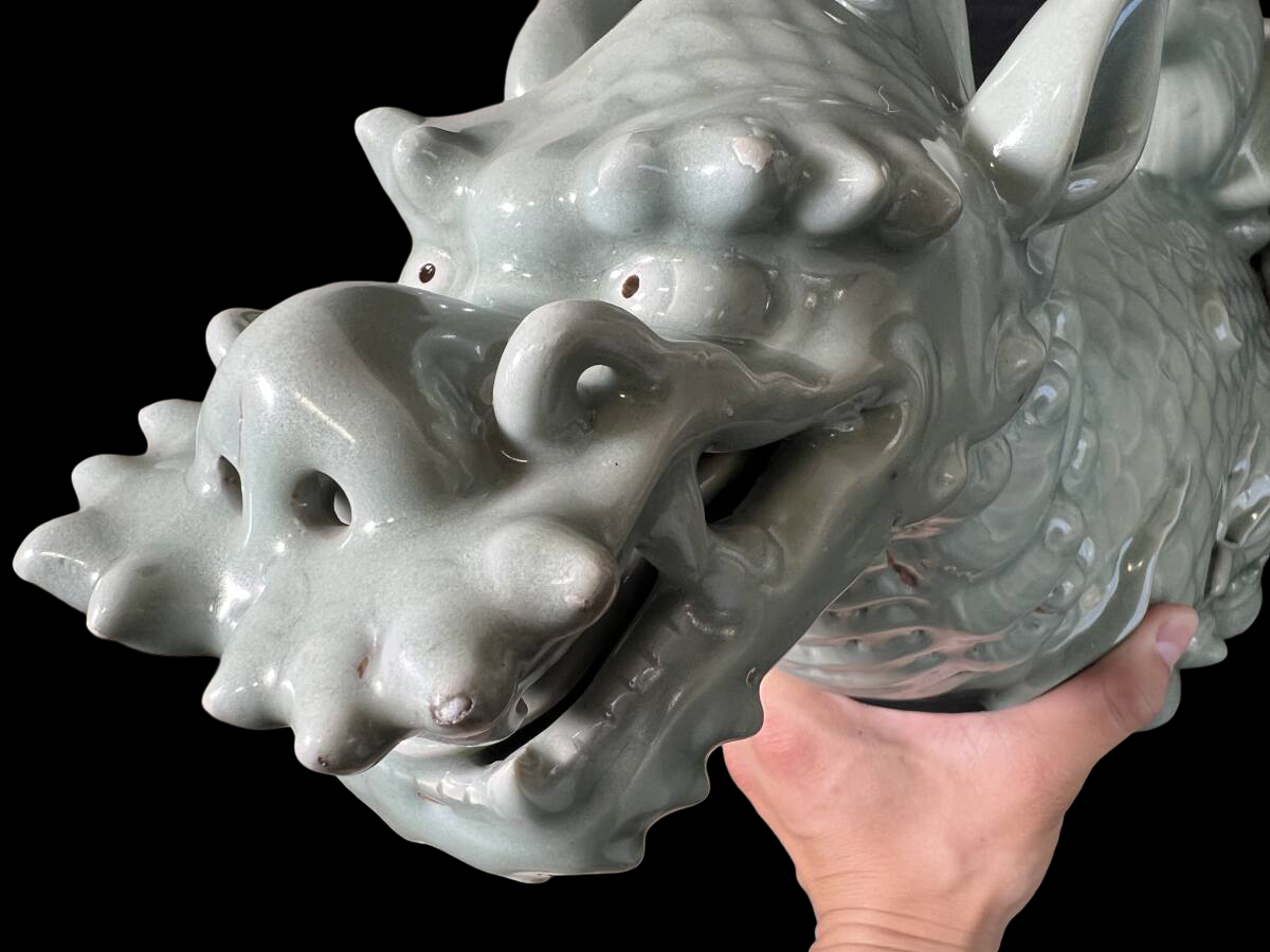 Large Celadon Qilin Guardian Pair — Edo Period Japanese Porcelain — Mythical Beast Sculptures (48 cm)