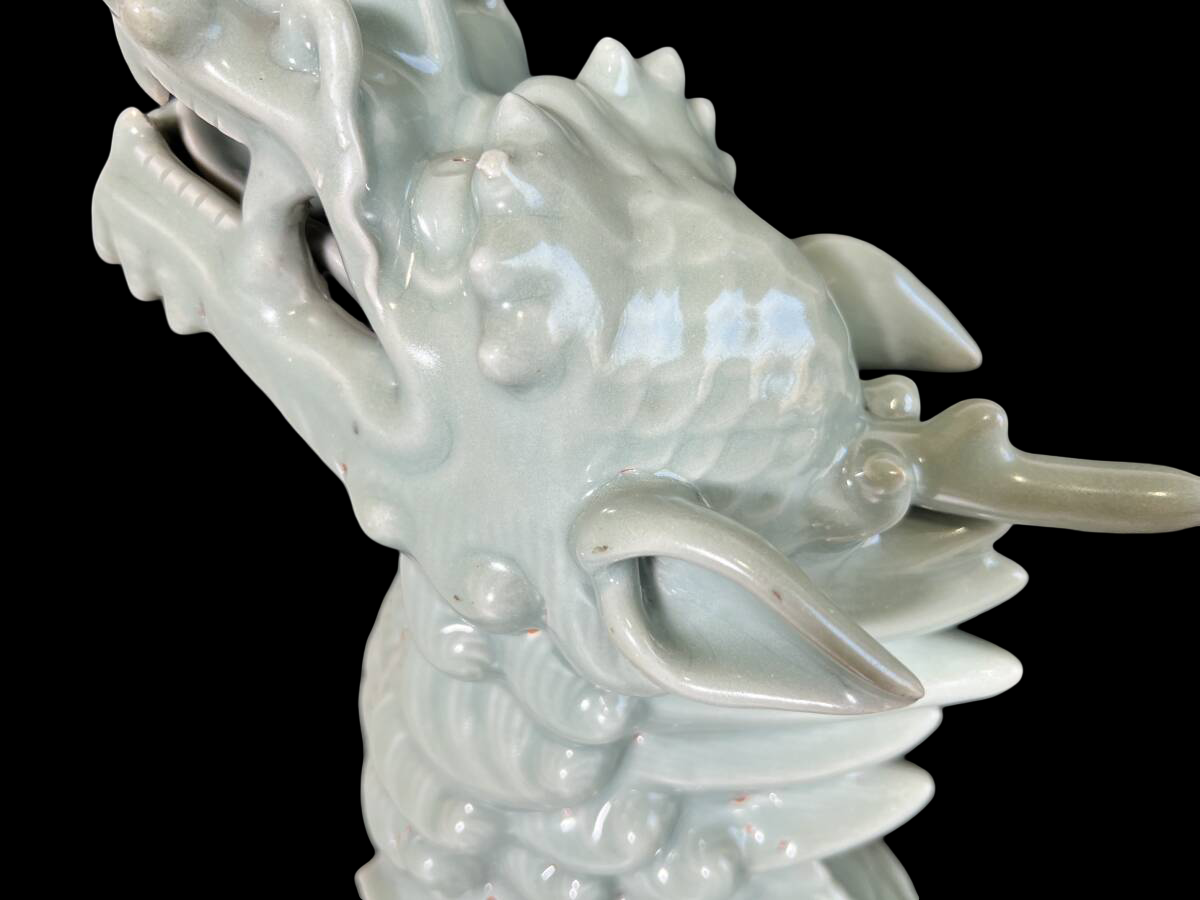 Large Celadon Qilin Guardian Pair — Edo Period Japanese Porcelain — Mythical Beast Sculptures (48 cm)