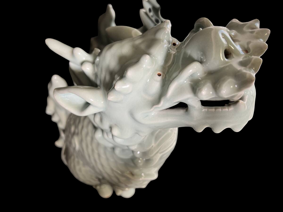 Large Celadon Qilin Guardian Pair — Edo Period Japanese Porcelain — Mythical Beast Sculptures (48 cm)