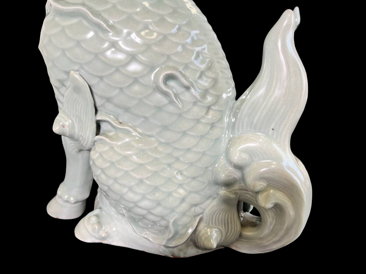 Large Celadon Qilin Guardian Pair — Edo Period Japanese Porcelain — Mythical Beast Sculptures (48 cm)