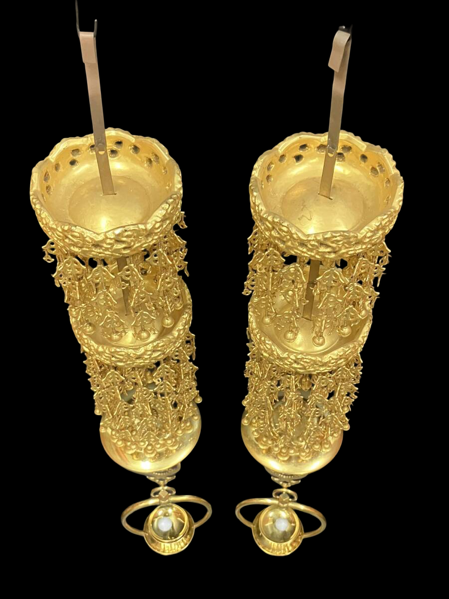 Large Gilt Metal Hanging Altar Lantern Pair — Double-Ring Yoraku Style, Multi-Tier Chain Drops (8-tier format) with Electrical Wiring — Temple-Scale Interior Hardware (Approx. 82 cm Drop)
