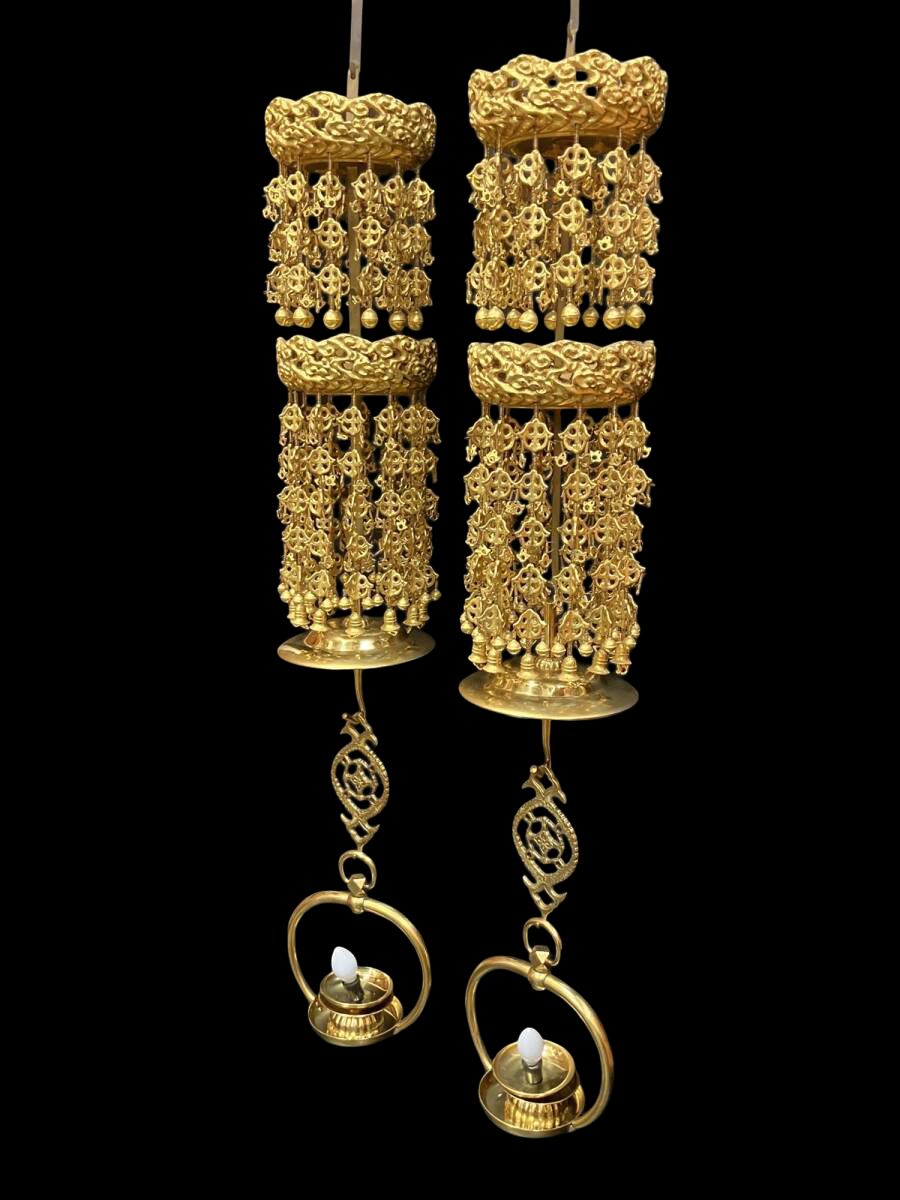 Large Gilt Metal Hanging Altar Lantern Pair — Double-Ring Yoraku Style, Multi-Tier Chain Drops (8-tier format) with Electrical Wiring — Temple-Scale Interior Hardware (Approx. 82 cm Drop)