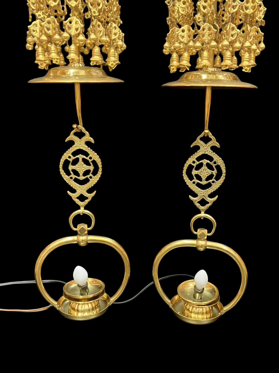 Large Gilt Metal Hanging Altar Lantern Pair — Double-Ring Yoraku Style, Multi-Tier Chain Drops (8-tier format) with Electrical Wiring — Temple-Scale Interior Hardware (Approx. 82 cm Drop)