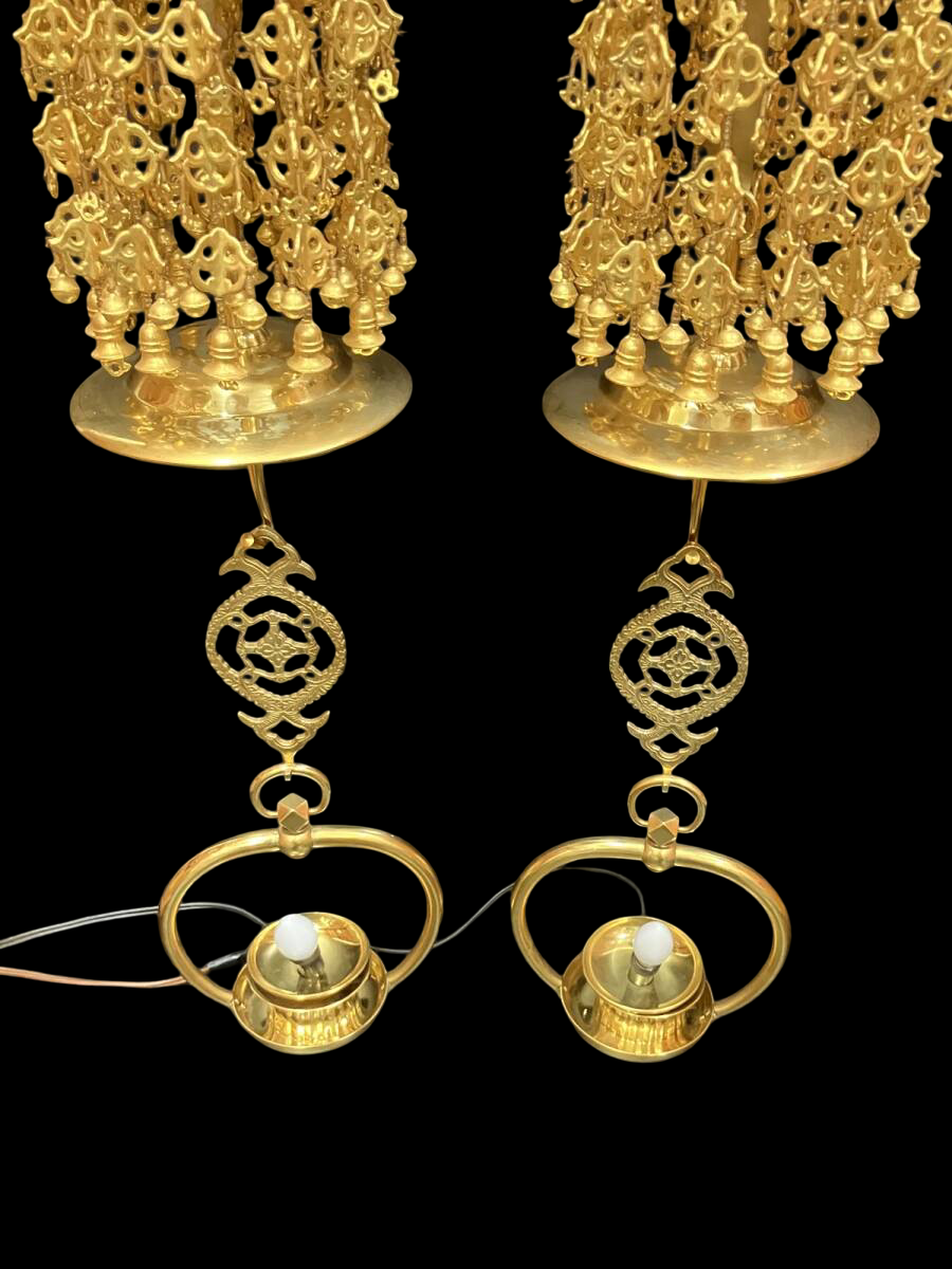 Large Gilt Metal Hanging Altar Lantern Pair — Double-Ring Yoraku Style, Multi-Tier Chain Drops (8-tier format) with Electrical Wiring — Temple-Scale Interior Hardware (Approx. 82 cm Drop)