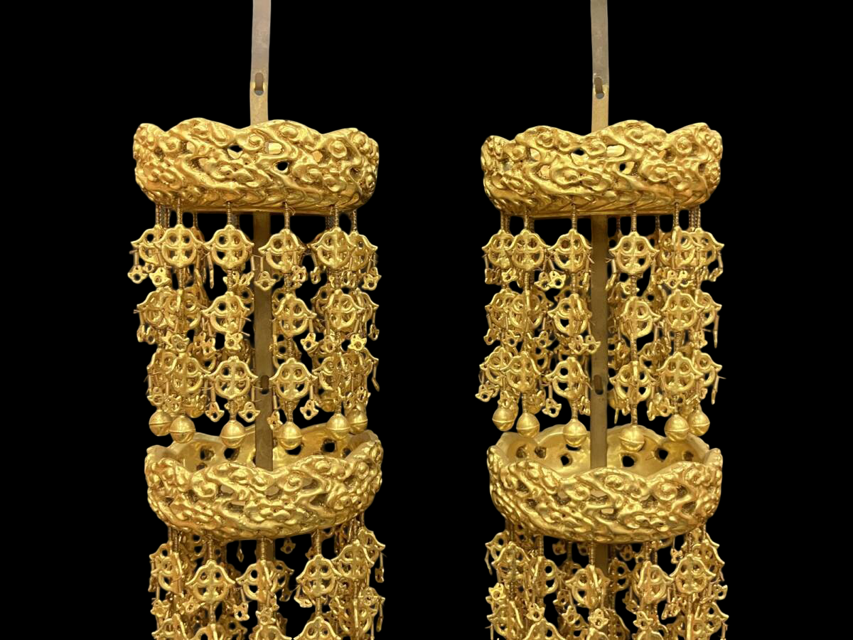 Large Gilt Metal Hanging Altar Lantern Pair — Double-Ring Yoraku Style, Multi-Tier Chain Drops (8-tier format) with Electrical Wiring — Temple-Scale Interior Hardware (Approx. 82 cm Drop)