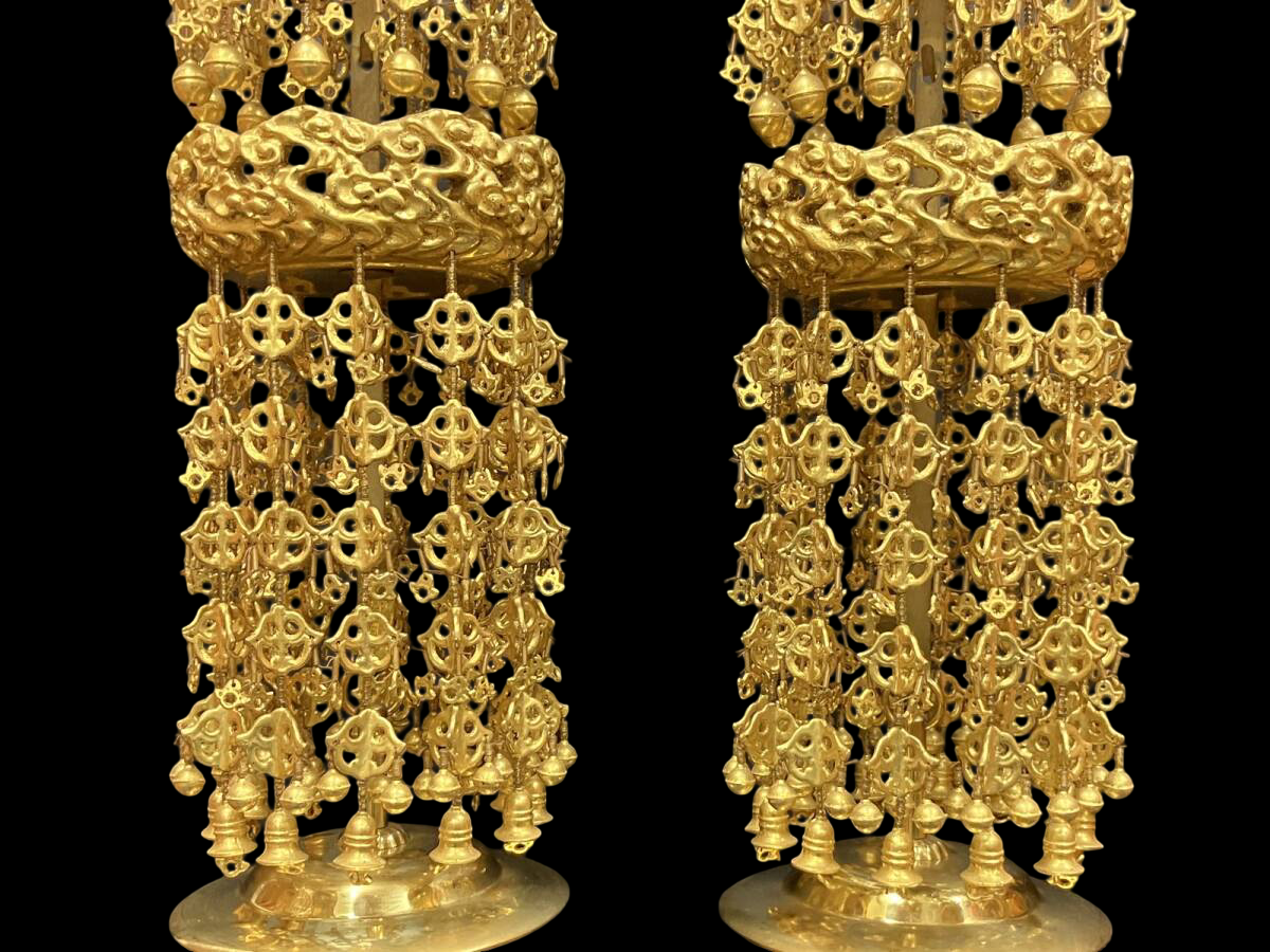 Large Gilt Metal Hanging Altar Lantern Pair — Double-Ring Yoraku Style, Multi-Tier Chain Drops (8-tier format) with Electrical Wiring — Temple-Scale Interior Hardware (Approx. 82 cm Drop)