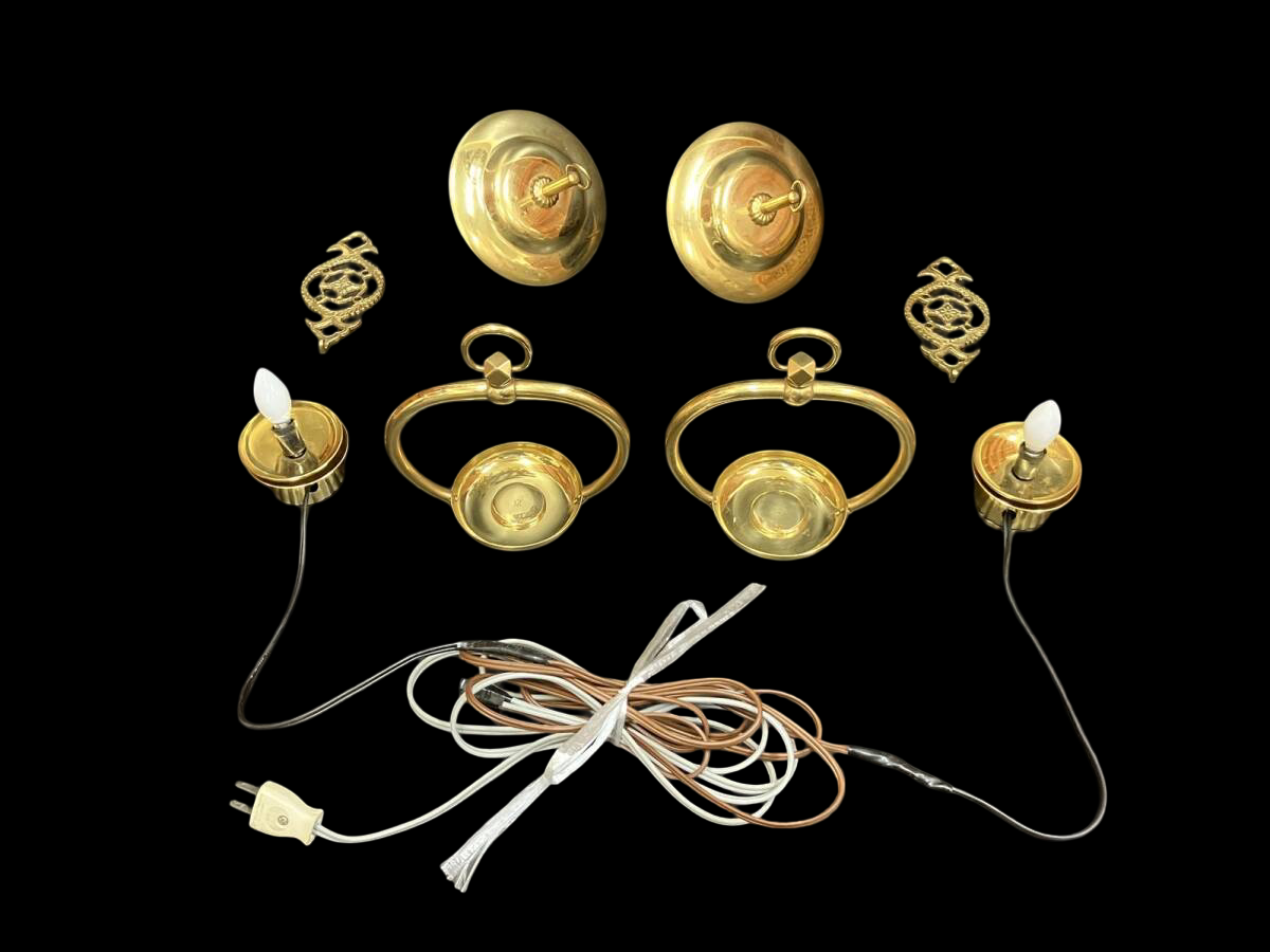 Large Gilt Metal Hanging Altar Lantern Pair — Double-Ring Yoraku Style, Multi-Tier Chain Drops (8-tier format) with Electrical Wiring — Temple-Scale Interior Hardware (Approx. 82 cm Drop)