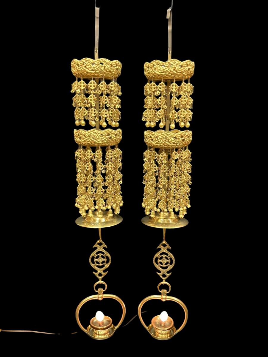 Large Gilt Metal Hanging Altar Lantern Pair — Double-Ring Yoraku Style, Multi-Tier Chain Drops (8-tier format) with Electrical Wiring — Temple-Scale Interior Hardware (Approx. 82 cm Drop)