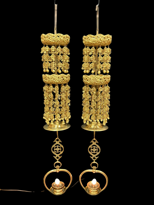 Large Gilt Metal Hanging Altar Lantern Pair — Double-Ring Yoraku Style, Multi-Tier Chain Drops (8-tier format) with Electrical Wiring — Temple-Scale Interior Hardware (Approx. 82 cm Drop)