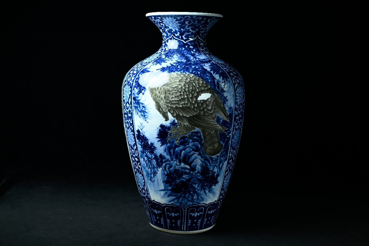 Large Japanese Blue & White Eagle Dragon Vase — Signed Studio Work — 61 cm Porcelain Floor Vessel