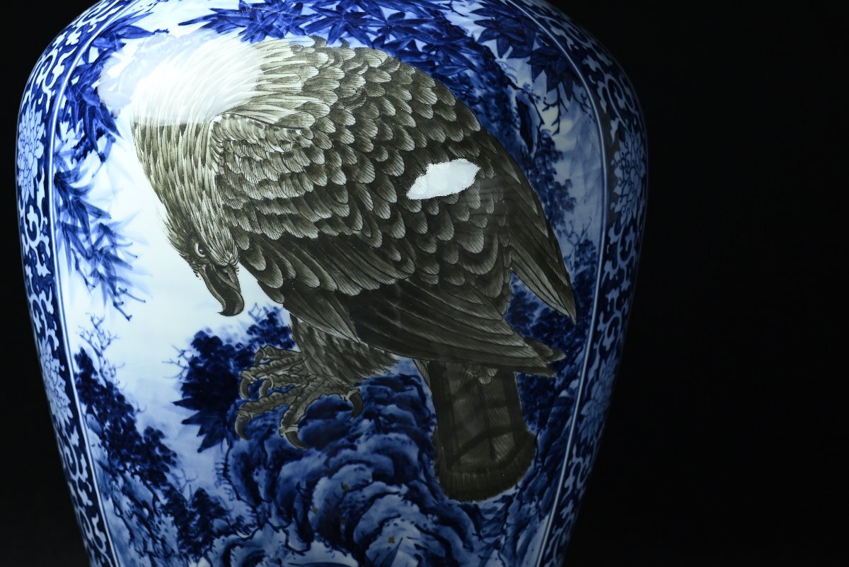 Large Japanese Blue & White Eagle Dragon Vase — Signed Studio Work — 61 cm Porcelain Floor Vessel