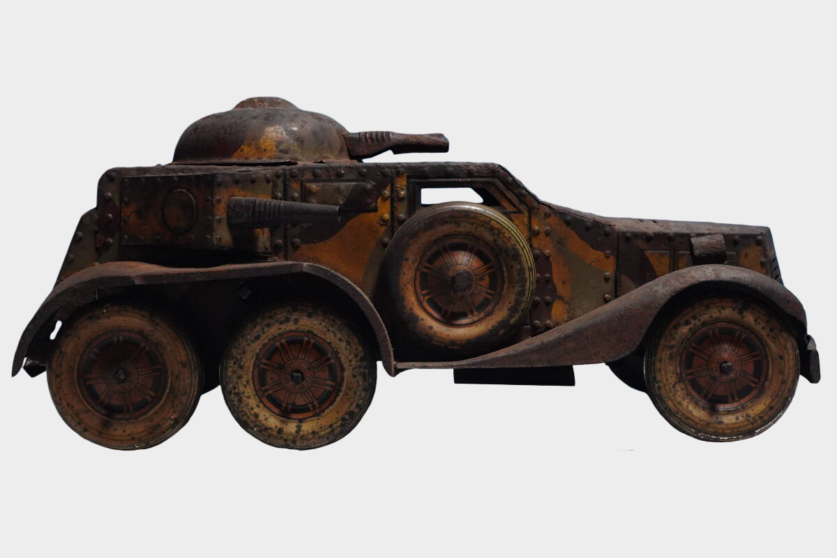 Large Japanese Tin Armored Vehicle Camouflage Toy Prewar Showa Era 35cm Friction