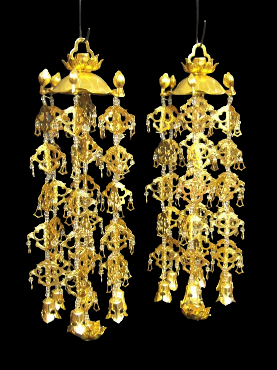 Large Lotus-Canopy Yoraku Hanging Ornament Pair — Gilt-Finish Aluminum, 5-Tier / 7-Drop (Temple Hardware)