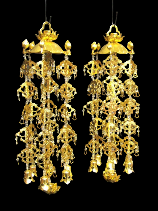 Large Lotus-Canopy Yoraku Hanging Ornament Pair — Gilt-Finish Aluminum, 5-Tier / 7-Drop (Temple Hardware)