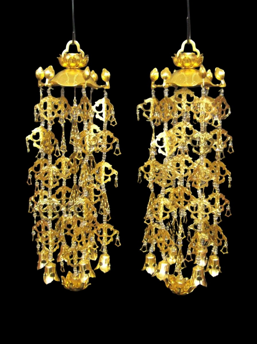 Large Lotus-Canopy Yoraku Hanging Ornament Pair — Gilt-Finish Aluminum, 5-Tier / 7-Drop (Temple Hardware)