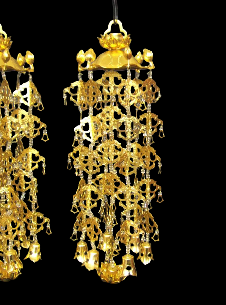 Large Lotus-Canopy Yoraku Hanging Ornament Pair — Gilt-Finish Aluminum, 5-Tier / 7-Drop (Temple Hardware)