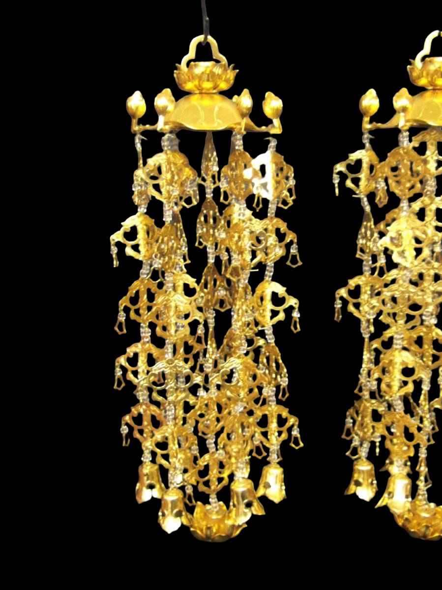 Large Lotus-Canopy Yoraku Hanging Ornament Pair — Gilt-Finish Aluminum, 5-Tier / 7-Drop (Temple Hardware)