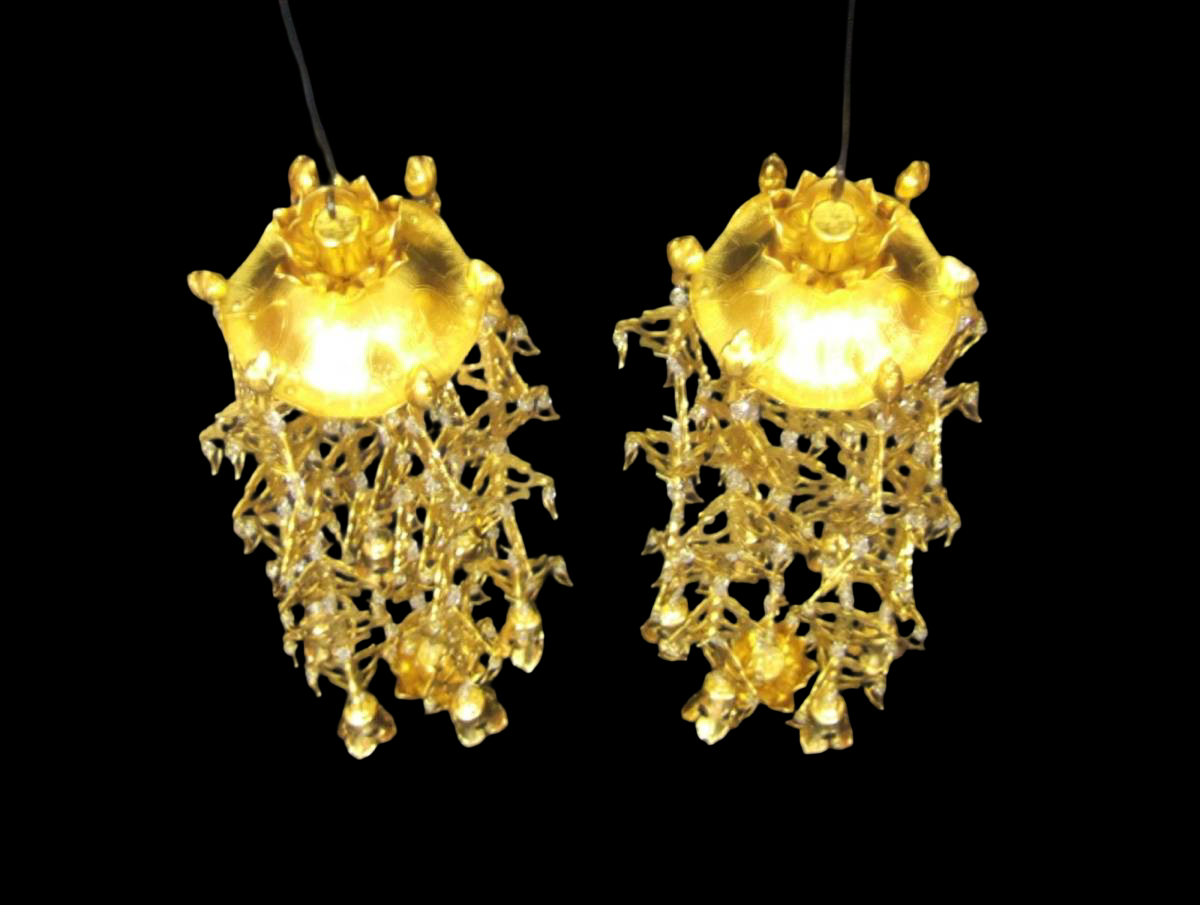 Large Lotus-Canopy Yoraku Hanging Ornament Pair — Gilt-Finish Aluminum, 5-Tier / 7-Drop (Temple Hardware)