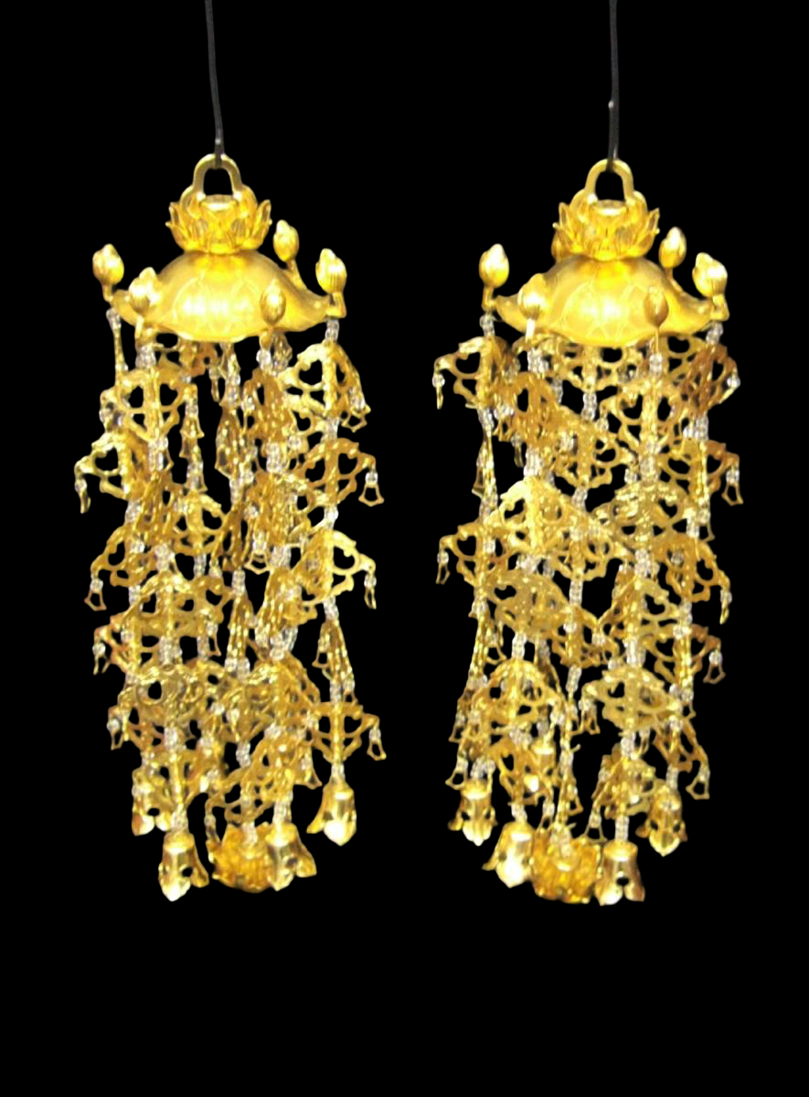 Large Lotus-Canopy Yoraku Hanging Ornament Pair — Gilt-Finish Aluminum, 5-Tier / 7-Drop (Temple Hardware)