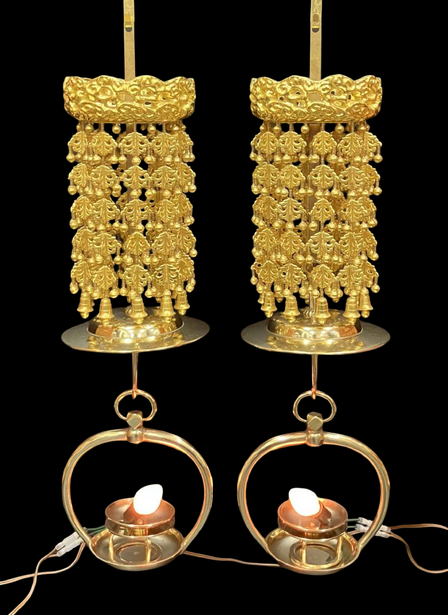 Gilt Temple Hanging Lanterns (Pair) — Tiered Rintō‑Style Electric‑Converted Buddhist Altar Lights