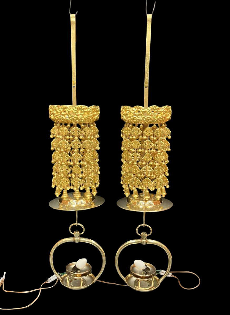 Gilt Temple Hanging Lanterns (Pair) — Tiered Rintō‑Style Electric‑Converted Buddhist Altar Lights