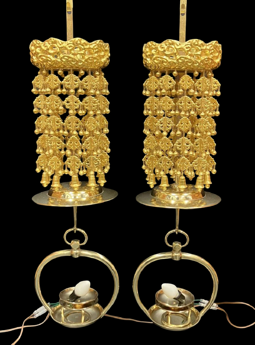 Gilt Temple Hanging Lanterns (Pair) — Tiered Rintō‑Style Electric‑Converted Buddhist Altar Lights