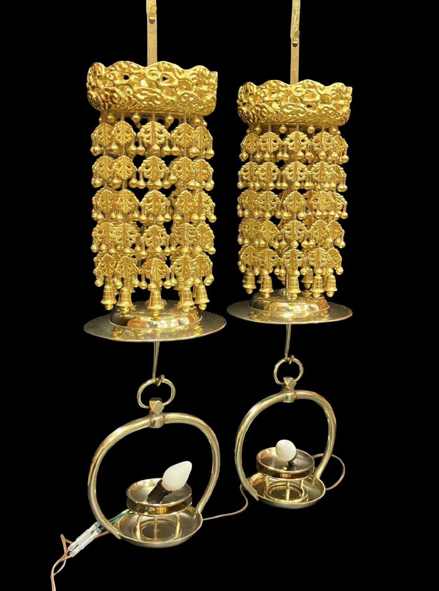 Gilt Temple Hanging Lanterns (Pair) — Tiered Rintō‑Style Electric‑Converted Buddhist Altar Lights