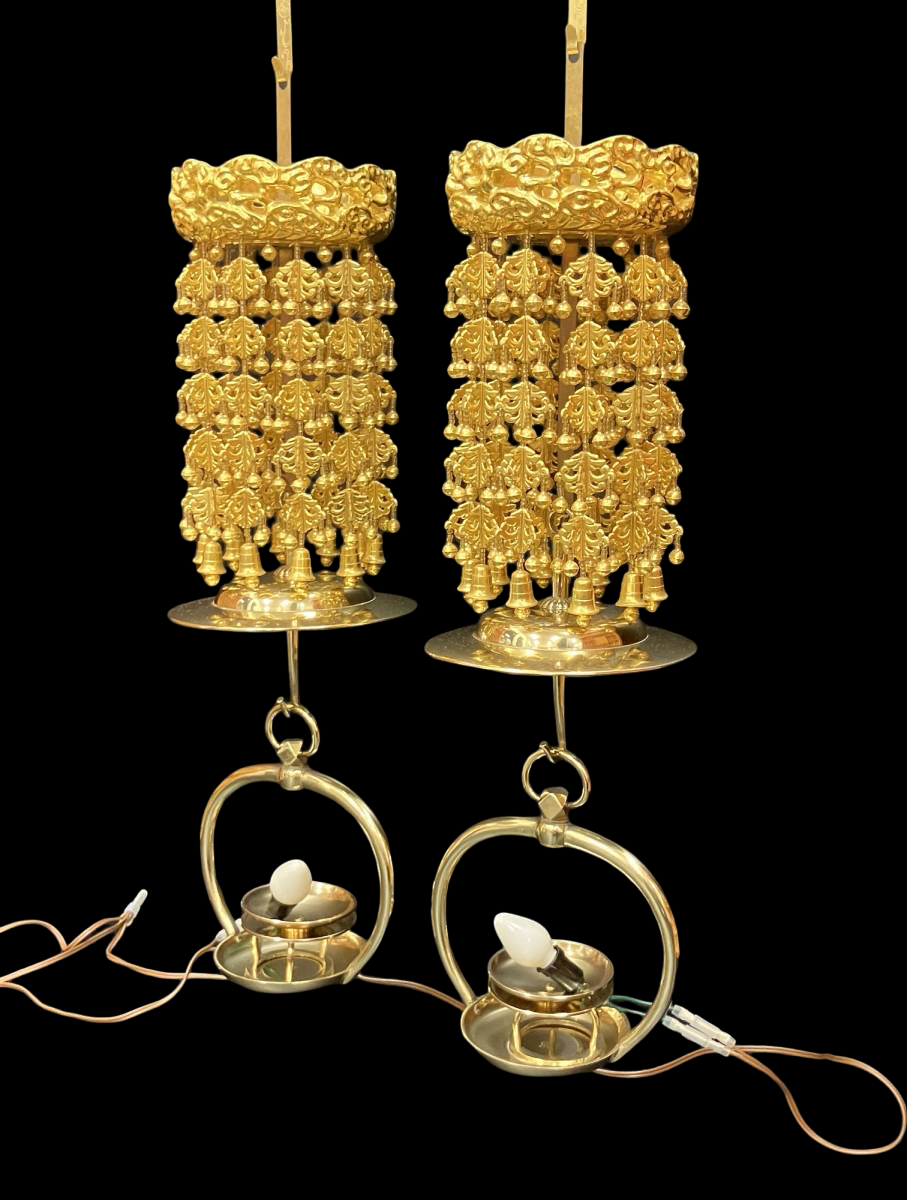 Gilt Temple Hanging Lanterns (Pair) — Tiered Rintō‑Style Electric‑Converted Buddhist Altar Lights