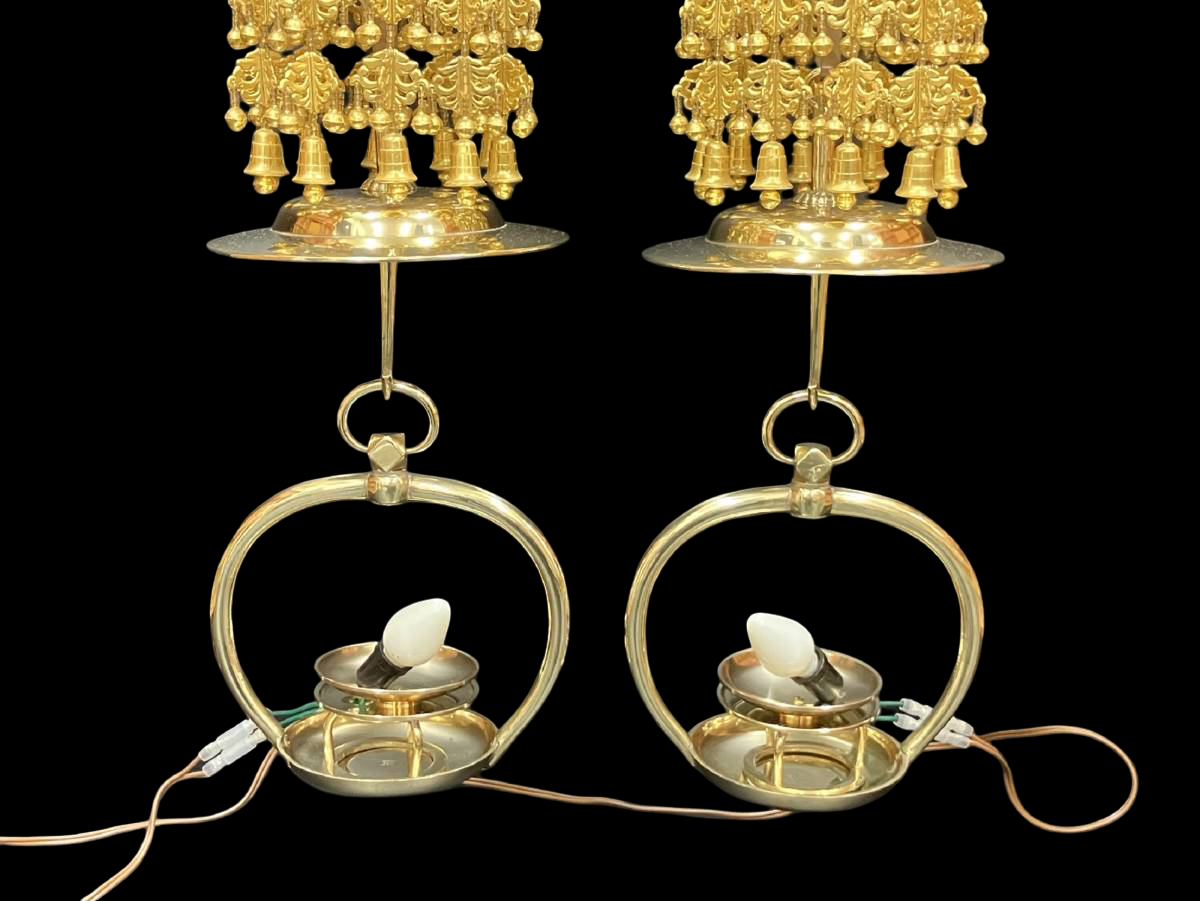 Gilt Temple Hanging Lanterns (Pair) — Tiered Rintō‑Style Electric‑Converted Buddhist Altar Lights