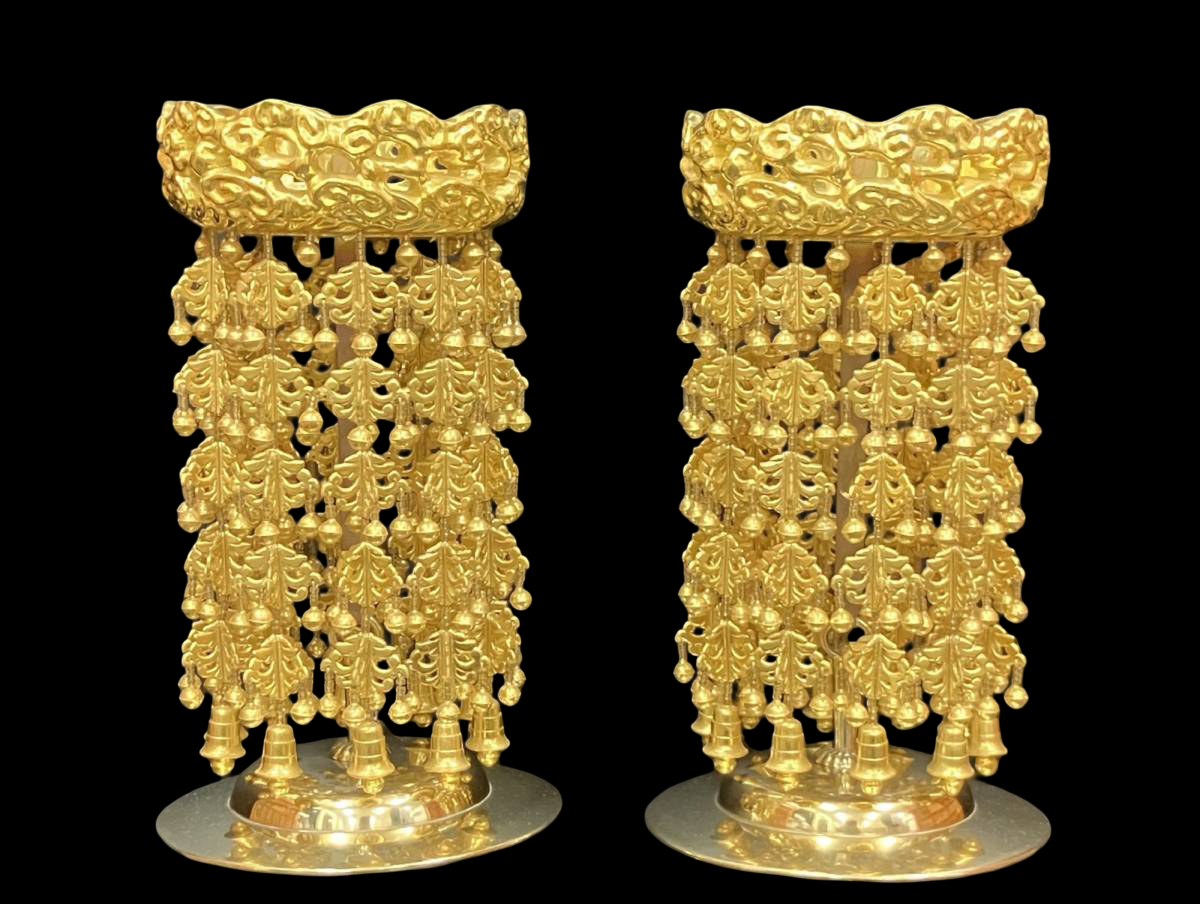 Gilt Temple Hanging Lanterns (Pair) — Tiered Rintō‑Style Electric‑Converted Buddhist Altar Lights