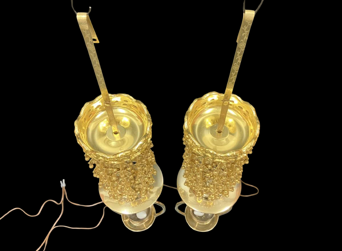 Gilt Temple Hanging Lanterns (Pair) — Tiered Rintō‑Style Electric‑Converted Buddhist Altar Lights