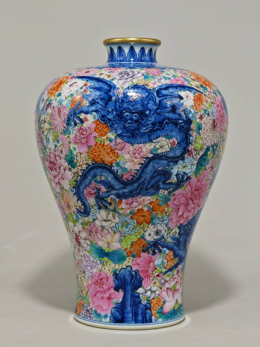 Chinese Dragon & Hundred-Flowers Vase — Qianlong-Style Mark, Famille-Rose Palette — Large 34 cm Display Vessel (Found in Japan)