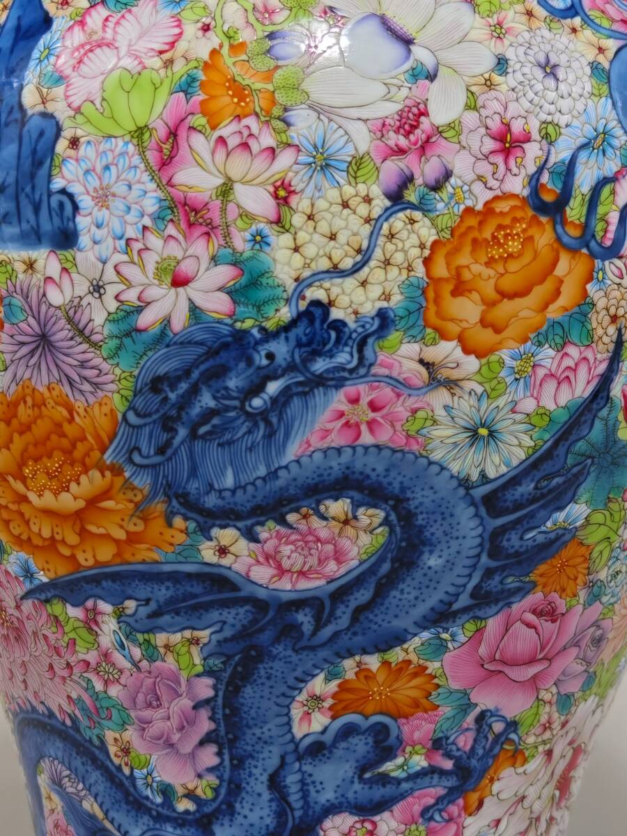Chinese Dragon & Hundred-Flowers Vase — Qianlong-Style Mark, Famille-Rose Palette — Large 34 cm Display Vessel (Found in Japan)